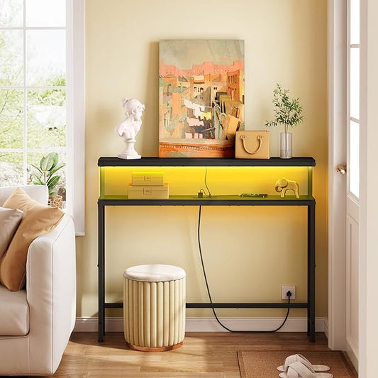 FAVOOSTY 46.8" Skinny Console Table with Charging Station and LED Light,5.9" Narrow Sofa Table with Power Outlets and Type C & USB Port, Behind Couch Table for Living Room, Hallway, EntryWay, Black