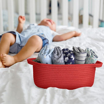 Small Woven Gift Basket, Baskets for Gifts Empty, Cotton Rope Cat Dog Toy Box, Nursery Baby Bin, Wicker Basket with Handles, Shelf Storage and Home Decor, Red, 12"x 8"x 5"