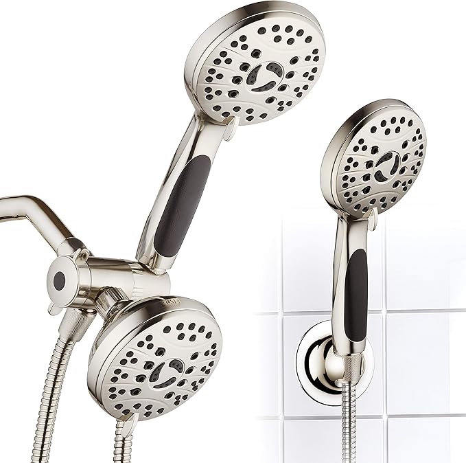 High Pressure 48-mode Luxury 3-way Combo – Dual Rain & Handheld Shower Head – 6 Foot Stainless Steel Hose – Anti Slip Grip – All Brushed Nickel Finish – Top US Brand – Extra Wall Bracket