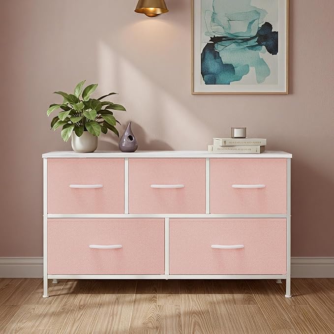 OLIXIS Dresser for Bedroom with 5 Drawers, Wide Chest of Drawers, Fabric Bedroom Dresser with Drawer Organizer, Storage Organizer Unit with Fabric Bins for Closet, Living Room, Hallway, Pink