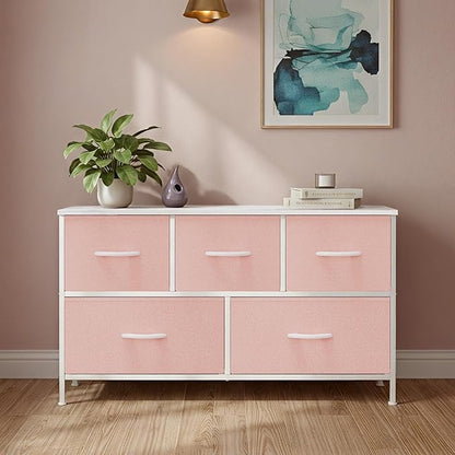 OLIXIS Dresser for Bedroom with 5 Drawers, Wide Chest of Drawers, Fabric Bedroom Dresser with Drawer Organizer, Storage Organizer Unit with Fabric Bins for Closet, Living Room, Hallway, Pink