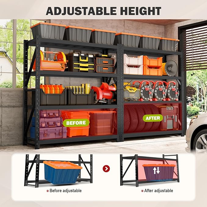 4000lbs Garage Shelving Heavy Duty, 4-Tier Metal Adjustable Garage Shelves, Storage Shelves for Warehouse, Pantry, Basement, 47.3" W X 20" D X 79" H (Black, 47.3x20x79)