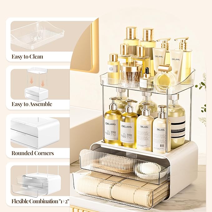 Delamu Bathroom Counter Organizer 2-Drawers 2-Tier Acrylic Makeup Organizer for Vanity Countertop, Skincare Perfume Storage, Easy Assembly, Ideal for Women, Bath Linen Sets, Clear