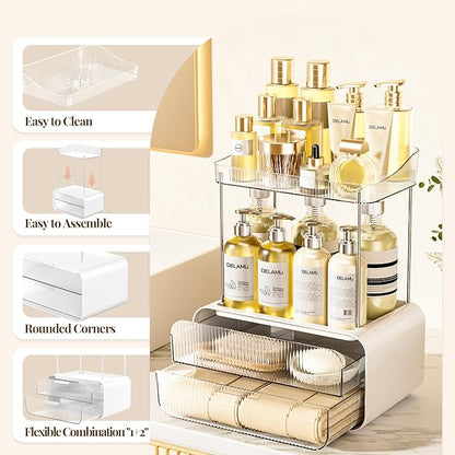 Delamu Bathroom Counter Organizer 2-Drawers 2-Tier Acrylic Makeup Organizer for Vanity Countertop, Skincare Perfume Storage, Easy Assembly, Ideal for Women, Bath Linen Sets, Clear