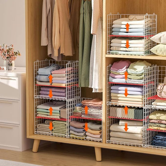8-Tier Stackable Closet Organizers, Foldable Wardrobe Basket, Metal Closet Organizer and Closet ShelvesWhite