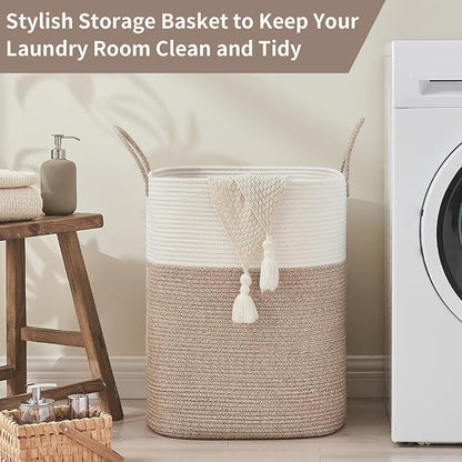 Laundry Basket with Handles - Blanket Basket & Hampers for Bedroom Aesthetic, Laundry Hamper & Blanket Storage for Living Room, Clothes Hamper, Tall, Large 17" x 14" x 26”, White & Rice Brown