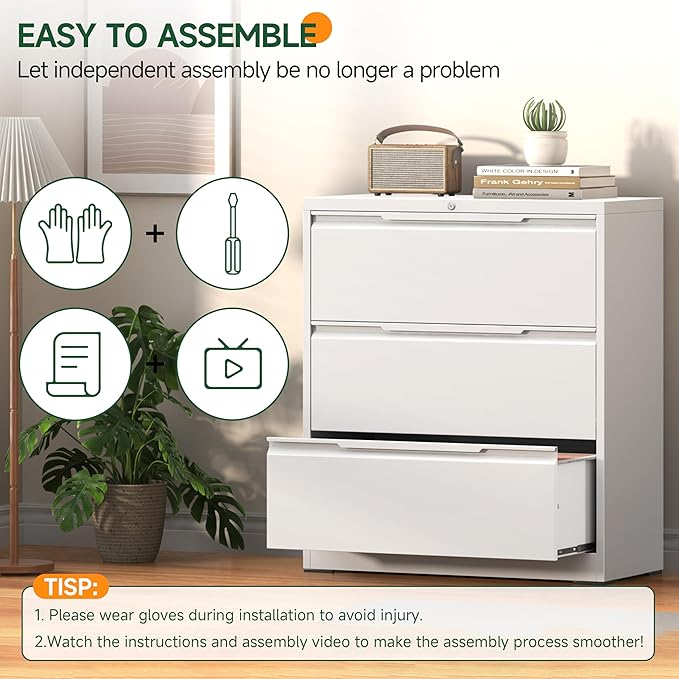 Lateral File Cabinet, 3 Drawer Lateral File Cabinet with Lock, Metal Filing Cabinets for Home Office, White Wide Deep Drawer for Hanging Files Letter/Legal/A4/F4 Size, Printer Stand, Assembly Required