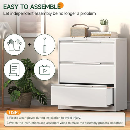Lateral File Cabinet, 3 Drawer Lateral File Cabinet with Lock, Metal Filing Cabinets for Home Office, White Wide Deep Drawer for Hanging Files Letter/Legal/A4/F4 Size, Printer Stand, Assembly Required