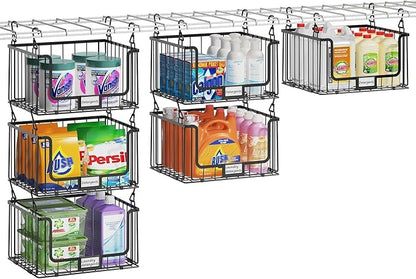 3-Pack Hanging Laundry Organizer, Stackable Wire Shelf Storage with Label Cards, Foldable Metal Baskets with 360 Rotating Hooks, Space-Saving for Laundry Room, Closet & Pantry, 11"15" Large, Black
