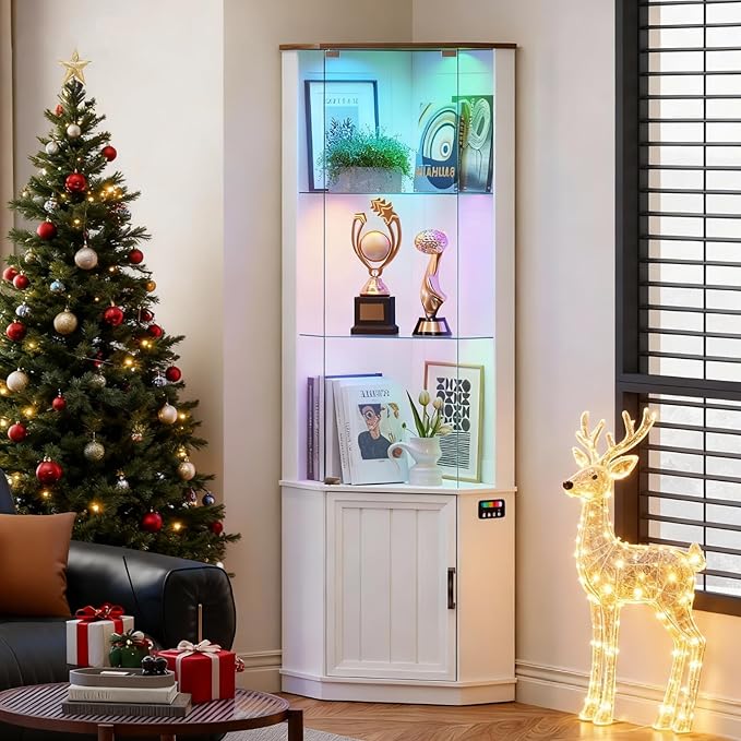 HNEBC 69" Tall Curio Display Cabinet with Glass Door and Movable Shelves,Corner Bookcase with LED Human Sensor Lights,5-Tier RGB Display Case for Collectibles,Bedroom Living Room