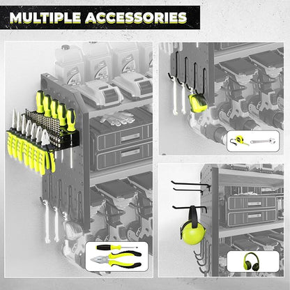 KAFAHOM Power Tool Organizer with Charging Station, Built in 8 Outlet Power Strip,Large 8 Drill Holder Wall Mount, Heavy Duty Metal Power Tool Storage Rack Tool Shelf for Garage Organization