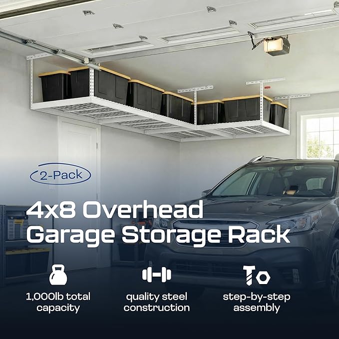 2-Pack 4 x 8 MonsterRax Overhead Garage Storage Rack, Ceiling Racks for Garage, Organization Shelving, Adjustable Hanging Shelf, White, 12"-21" Height Adjustment