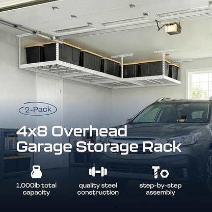 2-Pack 4 x 8 MonsterRax Overhead Garage Storage Rack, Ceiling Racks for Garage, Organization Shelving, Adjustable Hanging Shelf, White, 12"-21" Height Adjustment
