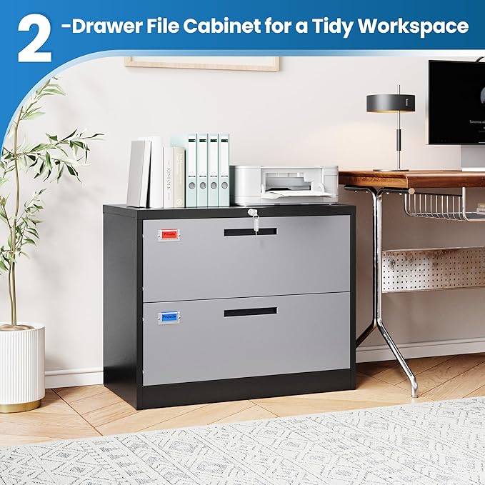 2 Drawer File Cabinet, Lateral Filing Cabinets for Home Office, Office Storage Drawers with Lock, Hanging Files Legal/Letter A4 Size (Assemble Required,Black Grey)