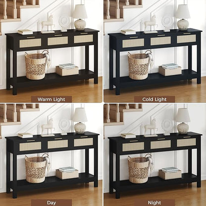 Luoxiao Entryway Table with 3 Rattan Drawers, 47" Narrow Console Table with Storage Shelf, Modern Black Sofa Table for Living Room Hallway Foyer, Slim Entry Way Cabinet, Anti-Tip, Easy Assembly