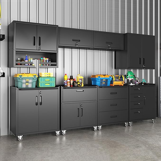 Black Garage Storage Cabinets System 8PCS Workshop Set with Drawers Locking Heavy Duty Rolling Cart with Adjustable Shelves Garage Tool Workbench Cabinets