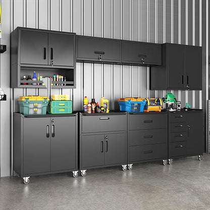 Black Garage Storage Cabinets System 6 PCS Workshop Set with Drawers Locking Heavy Duty Rolling Cart with Adjustable Shelves Garage Tool Workbench Cabinets