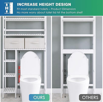 SMIBUY Over The Toilet Storage with Drawers, Large Bathroom Space Saver Organizer Rack, Freestanding Behind Toilet Stand with 6-Tier Shelf and Waterproof Feet Pad for Restroom, Laundry (White)