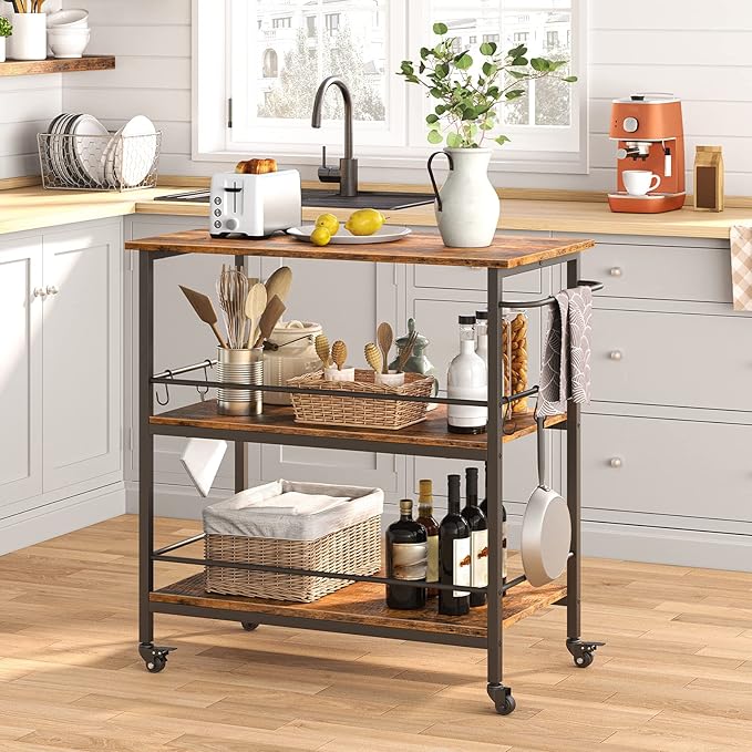 HOOBRO Kitchen Island with Storage, Industrial Kitchen Counter with Hooks and Side Enclosures, 3 Tier Kitchen Cart with Large Workstation, Saving Space, Easy Assembly, Rustic Brown and Black BF03ZD01