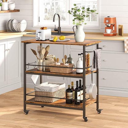 HOOBRO Kitchen Island with Storage, Industrial Kitchen Counter with Hooks and Side Enclosures, 3 Tier Kitchen Cart with Large Workstation, Saving Space, Easy Assembly, Rustic Brown and Black BF03ZD01