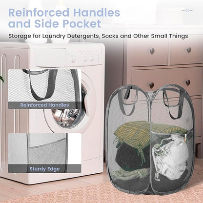 HOUSE AGAIN Mesh Popup Laundry Hamper, [Reinforced] Collapsible Laundry Basket, Foldable Pop Up Hamper with Durable Handles, Easy to Open and Fold for Dorm, Laundry Room, Bedroom, RV, (Grey）