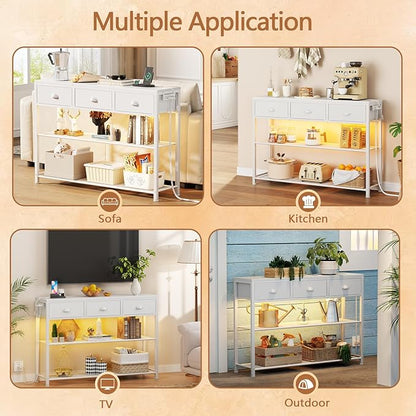 Furologee 38in Console Table with 3 Drawers, Small Sofa Table with Lights and Power Outlets, Hallway Tables with 3-Tier Shelves, White Narrow Console Table for Entryway, Living Room, Couch, Foyer