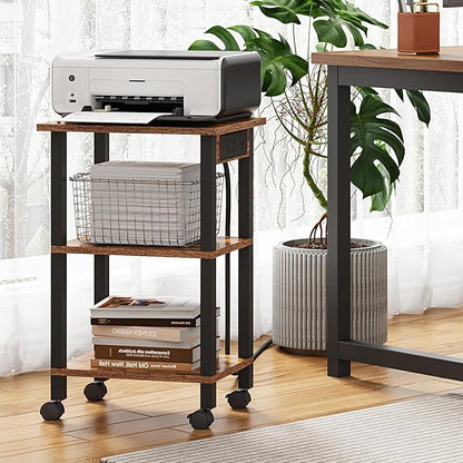 TUTOTAK 3 Tier Printer Stand, Rolling Printer Cart with Power Outlets and USB Ports, Mobile Printer Table with Wheels, for Under Desk, Office, Home,Brown PS02BB001