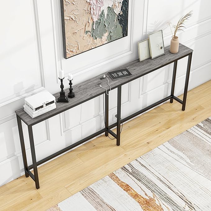 BOFENG 71.5 Inch Thin Console Table with Power Outlets,Narrow Sofa Table with Charging Station,Long Side Table Behind Sofa Couch Table for Entryway,Hallway,Living Room,Foyer,Grey