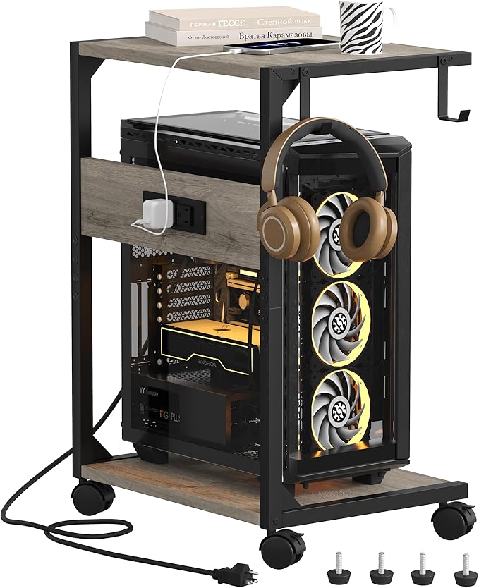 2 Tier Computer Tower Stand with Charging Station, 11.8" D x 16.5" W Rolling Floor PC Tower Stand Fits Under Desk, CPU Holder Cart for Carpet with Hooks, C Shaped End Table for Home Office