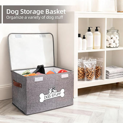 Fabric Dog Toy Box with Lid, Collapsible Storage Bin, Basket Organizer with Handle for Dog Toys, Blankets and Accessories, Grey