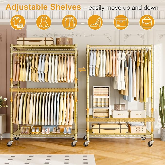 P4 Plus Rolling Clothes Rack Heavy Duty, Clothing Racks for Hanging Clothes, Free Standing Garment Racks with Wheels, Portable Closet Rack 45'' W × 20.5'' D × 80.5'' H, Max Load 570 Lbs, Gold