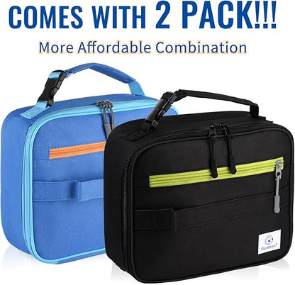 Genteen 2 Packs Insulated Soft Lunch Bag With Double Zipper - Sturdy, Freezable and Reusable for Kids, Men - For School, Work, Outdoor (Black & Blue)