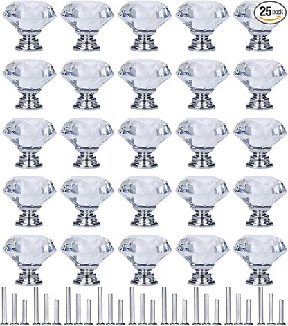 YourGift 25 Pack Drawer Knobs Diamond Shaped Crystal Glass 30mm Cabinet Knobs Pull Handles (30 mm, 25 Pack, Silver)