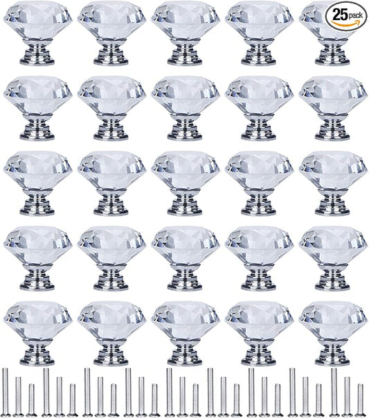 YourGift 25 Pack Drawer Knobs Diamond Shaped Crystal Glass 30mm Cabinet Knobs Pull Handles (30 mm, 25 Pack, Silver)