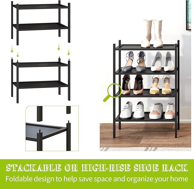 BMOSU 2-Tier Bamboo Small Shoe Rack Premium Stackable Shoe Shelf Storage Organizer for Hallway Closet Living Room Entryway Organizer(Black)