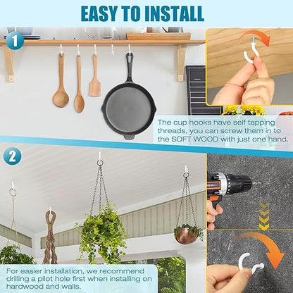 110Pcs Premium Screw Hooks, 5 Sizes White Vinyl Coated Cup Hook, from1/2 in Small Hooks to 1-1/2 in Ceiling Hooks Heavy Duty, Screw in Hooks for Hanging Plants, String Lights