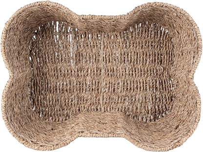 Dog Toy Basket, Bone Shaped Dog Toy Bin, Handmade Pet Organizer And Storage, Toy Box for Cats, (17x13 Seagrass)