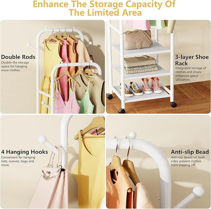 Furologee Portable Clothes Rack for Hanging Clothes, Rolling Clothing Rack With 3-Tier Shelves, Small Garment Rack with Wheels for Bedroom Living Room Laundry Room, White