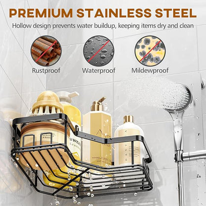 MAXIFFE 3 Pack Corner Shower Caddy with Soap Holder, Large Capacity Sturdy Easy Install No Drilling Stainless Steel Hold 40 LBS Shower Organizer Shelves Rack Storage for Family Renters Bathroom, Black