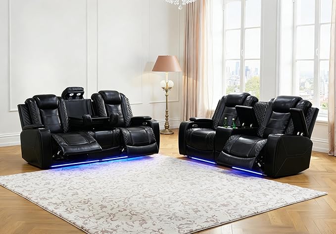 Living Room Furniture Sets, Power Reclining Sofa and Lovseat Set with Reading Light, Leather Recliner Couch Sets, Power Recliner Sofa with LED Storage Console/Cup Holder for Home/Apt/Office