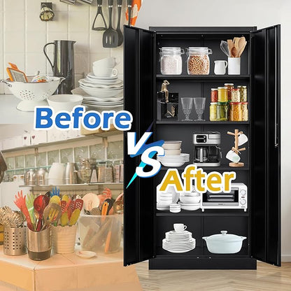 Metal Storage Cabinet, 71”H Metal Garage Cabinet with 5 Adjustable Shelves, Locking Storage Cabinets for Garage, Home, Office, Pantry(Black)