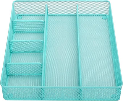 Annova Desk Top Organizer Tray for Office Organization - Metal Mesh - Storage Tray with Dividers for Pens, Desktop Accessories, Bathroom, Kitchen, Makeup and Office Supplies (Large, Turquoise)