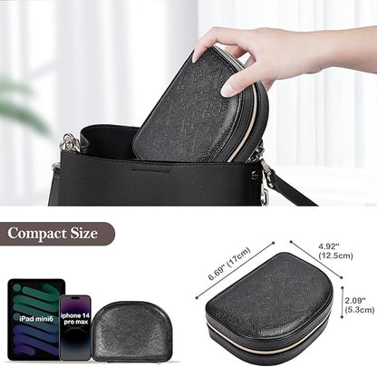 ProCase Travel Size Jewelry Box, Medium Portable Seashell-Shaped Jewelry Case, 2 Layer Mini Jewelry Organizer in PU Leather for Women -Glossy Black