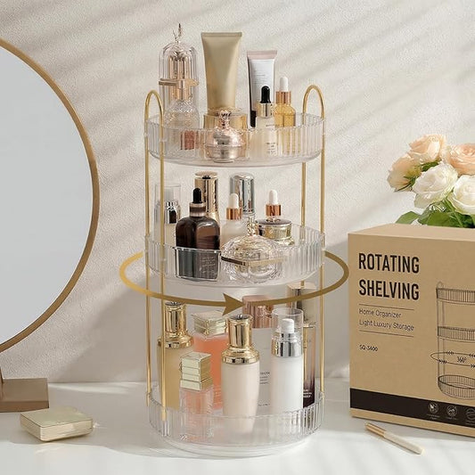 Aveniee Rotating Makeup Organizer for Vanity, 3 Tier Perfume Skincare Organizers and Storage for Bathroom Countertop, Clear Spinning Counter Cosmetic Holder for Dresser,White