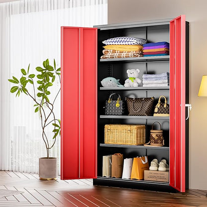 INTERGREAT Metal Lockable Storage Cabinet, 72” H Storage Cabinet with 2 Doors and 4 Adjustable Shelves for Office, Garage, Pantry (Assembly Required, Black Red)