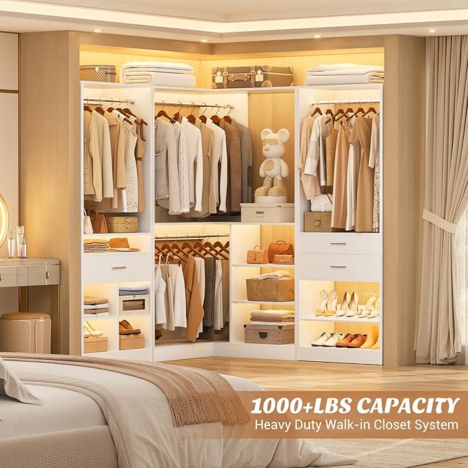 Unikito 86" Corner Closet System, Modular Closets Organizer with 4 Hanging Rods and 2 Drawers, Freestanding Adjustable Wood Clothes Garment Rack with Storage Shelves, White