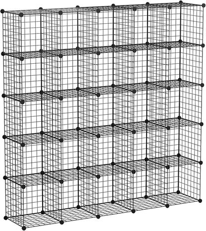 KOUSI 14"x14" Wire Cube Storage, Metal Grid Organizer, 25-Cube Modular Shelving Unit, Stackable Bookcase, Ideal for Living Room, Bedroom, Office, Garage