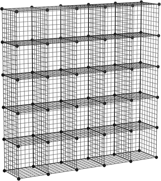 KOUSI 14"x14" Wire Cube Storage, Metal Grid Organizer, 25-Cube Modular Shelving Unit, Stackable Bookcase, Ideal for Living Room, Bedroom, Office, Garage