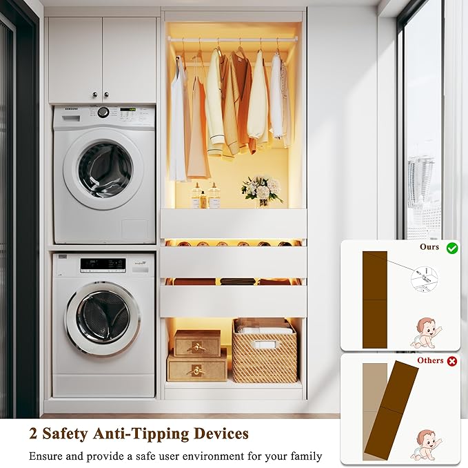 Freestanding Closet System Set of 2, 4FT Closet Organizer System with 6 Wood Drawers & Glasstop, 48" Closet Systems with Hanging Rod & LED Light, Heavy Duty Walk-in Closet, White(48"L x 16" W x 80" H)