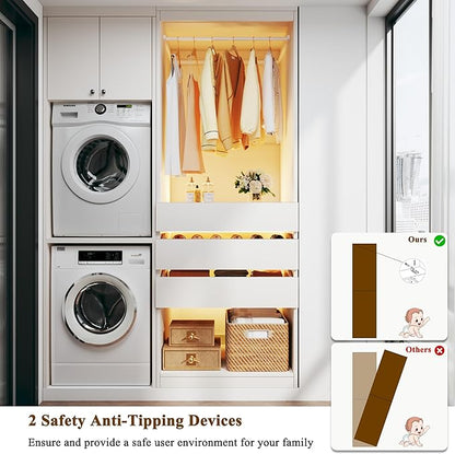 Freestanding 2FT Closet System with 3 Wood Drawers & Glasstop, 24" Closet Organizer System with Hanging Rod & LED Lights, Walk-in Closet Systems for Small Closets, White (24"L x 16" W x 80" H)